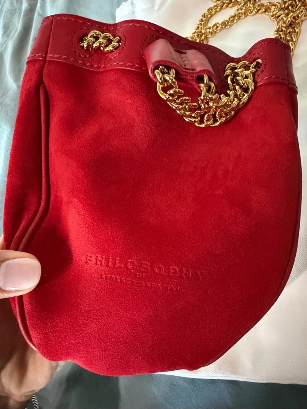 Philosophy di Lorenzo Serafini Red Suede Mini Bucket Bag w Gold Chain / Wristlet